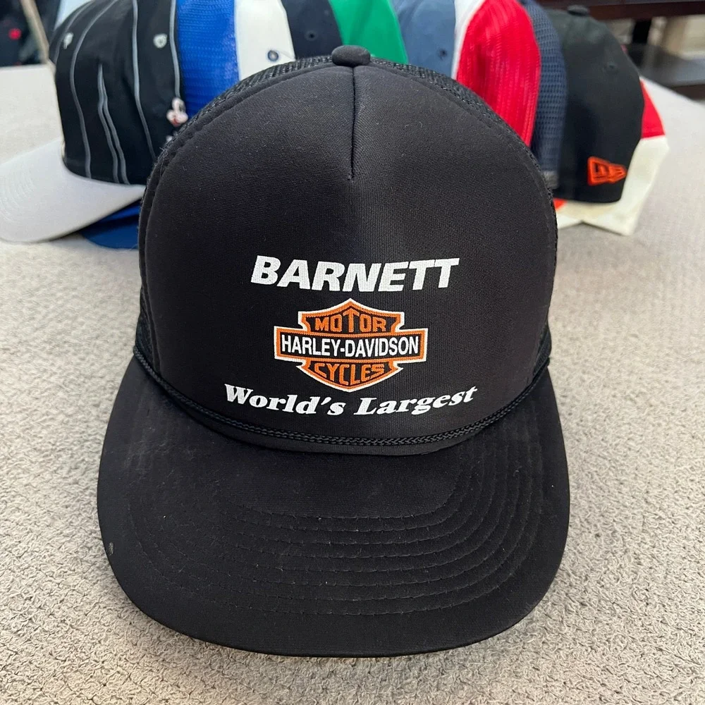 Vintage 1980s Barnett Harley-Davidson Trucker Hat Black Mesh Snapback OSFA